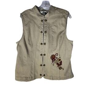 Christopher & Banks Embroidered Vest Beige Denim Studded Fall Floral Button L